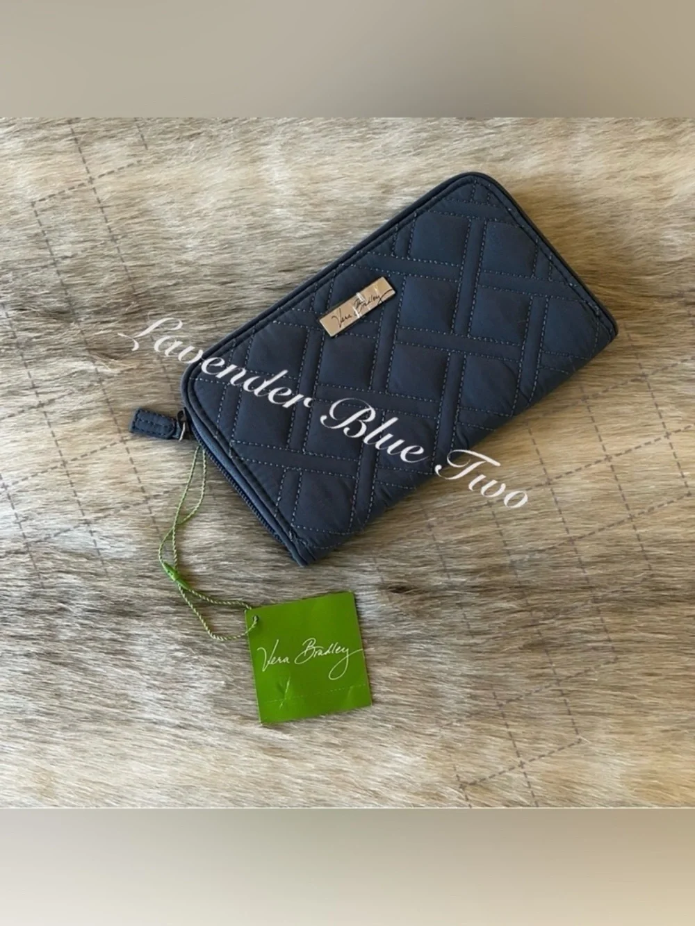 New VERA BRADLEY Charcoal Light Gray Zip Around Accordion Long Wallet Microfiber
